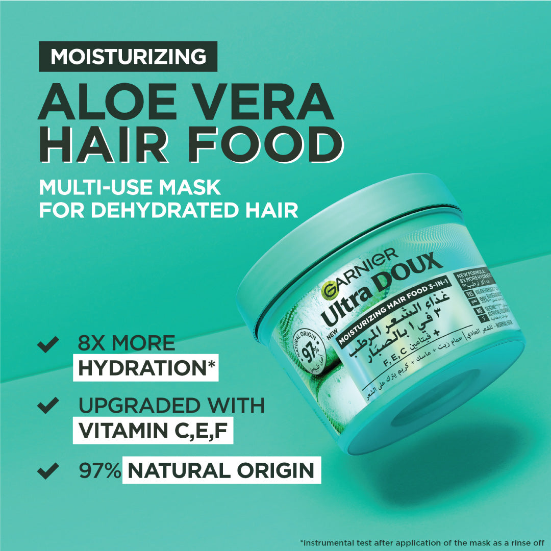 Garnier Ultra Doux Aloe Vera Vegan Hair Food 3in1 Mask For Dehydrated Hair, Boosted With Vitamins C, E & F 
