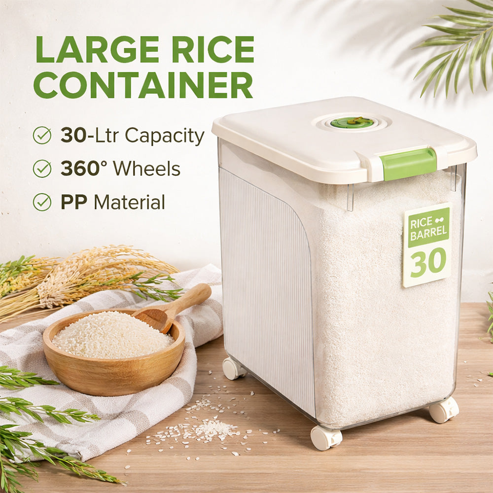 Leak-Proof Rice Storage Container – 30L Airtight PP Bin with Wheels
