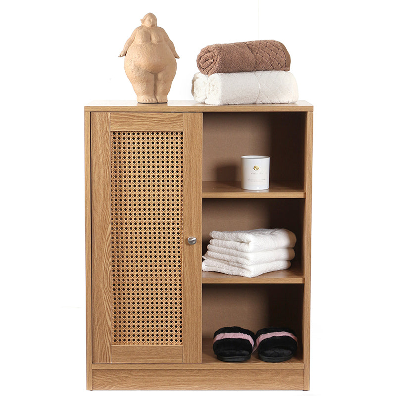 3 Tier Waterproof Wooden Bamboo and Rattan Storage Cabinet Organizer with Door Freestanding Floor Cabinet for Bathroom Bedroom and Kitchen Beige - Medaid International