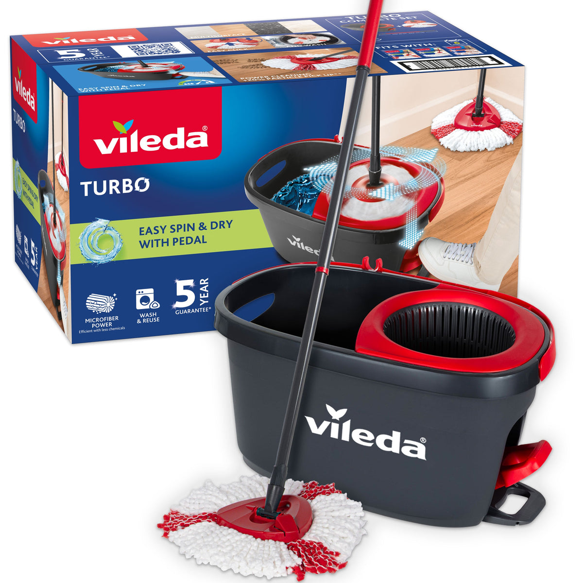 Vileda Turbo Rotating Mop Bucket Set with Foot Pedal |Telescopic Handle 85 – 123 cm | Floor mop with spinning wringer | Turbo 2in1 Microfibre Mop Head