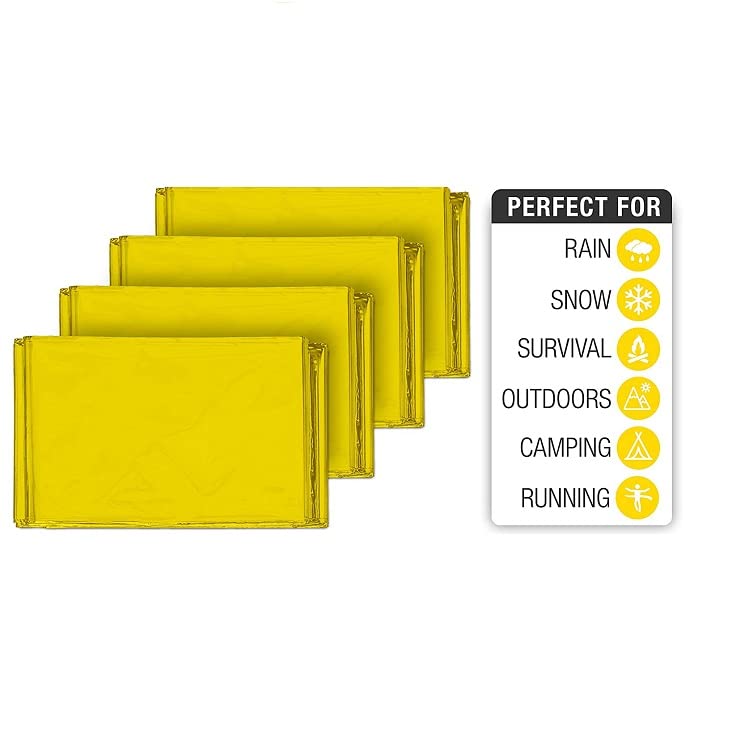 GALAXYLENSE Emergency Mylar Thermal Blanket for Survival First Aid Kits Army Outdoors Hiking Camping Bug Out Trauma Desert All Weather Condition Protection (4 Packs Gold)
