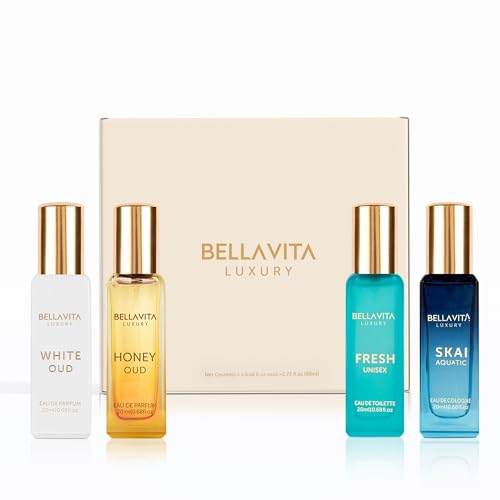 BellaVita Luxury Unisex Cologne Gift Set (4x20ml) | Fragrances Includes Honey OUD, SKAI, FRESH & White OUD | Travel Size Mini Perfumes & Spicy Vanilla Perfume Oil | Unisex Perfume for Women & Men - Medaid International