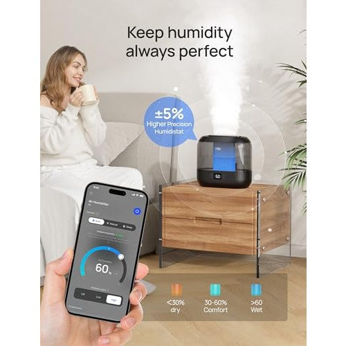 Dreo Smart Humidifiers for Bedroom, Top Fill 4L Supersized Humidifier Large Room with 28 dB, 36H Runtime, Touch/APP/Voice Control, Nightlight, Cool Mist Humidifiers for Baby, Plants, Indoor, Black - Medaid International