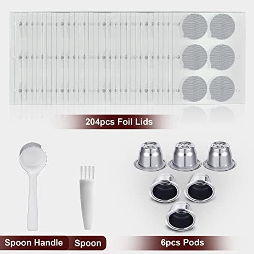 Didaey Reusable Espresso Capsules Stainless Steel Refillable Coffee Pods Reusable Espresso Pods with Aluminum Foil Seals Stickers Lids Compatible with Nespresso Machines (6 Cups, 204 Lids)|B0BGPT7T9H