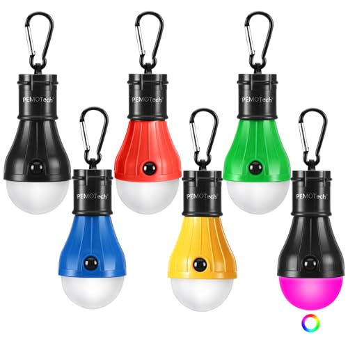 Pemotech - 6 Pcs Camping Lights Set, 5 LED & 1 RGB, Portable Lantern with Clip Hook