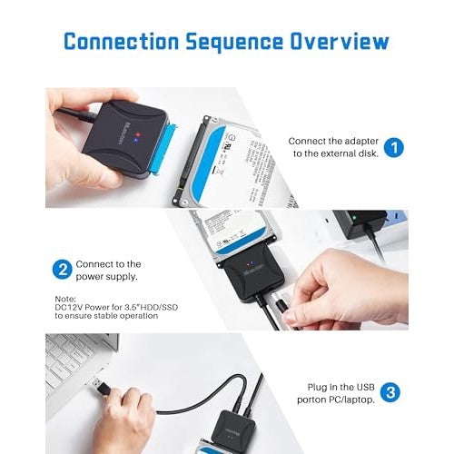 Mueuton - USB 3.0 to SATA III Adapter for 2.5"/3.5" HDD/SSD with Power Supply
