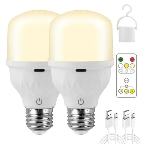 Aanyhoh - USB-C Rechargeable E27 Dimmable Touch Control LED Bulb with Remote, 2600 mAh Battery, Emergency Light Function