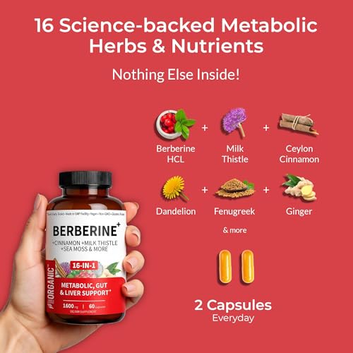 Berberine HCL Metabolic Guard+ Complex | 1600mg - 60 Caps | 16-IN-1 Herbal Cardiovascular, Liver & Gut Support | with Cinnamon, Milk Thistle, NAC & Zinc | Third-Party Lab Tested, Vegan, Non-GMO - Medaid International