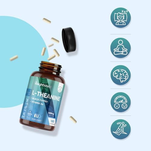 L-Theanine 408mg - 180 Capsules - 6 Months Supply | with Vitamin B6 & Black Pepper | 1 Capsule per Day | Vegan, Gluten-Free & Non-GMO - L Theanine Supplement for Men & Women - Made in Europe|B091FV1FHQ