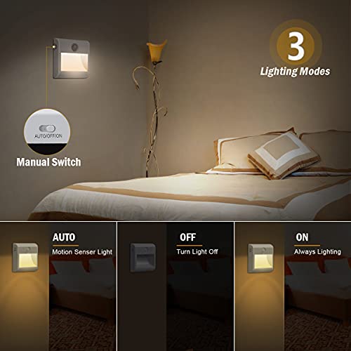 Pupow - Motion Sensor Battery Night Light, 2-Pack, Auto/On/Off, 4000K White