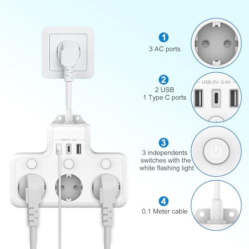 Techuoso - Electric Power Strip with Independent Control, 3 Sockets, White