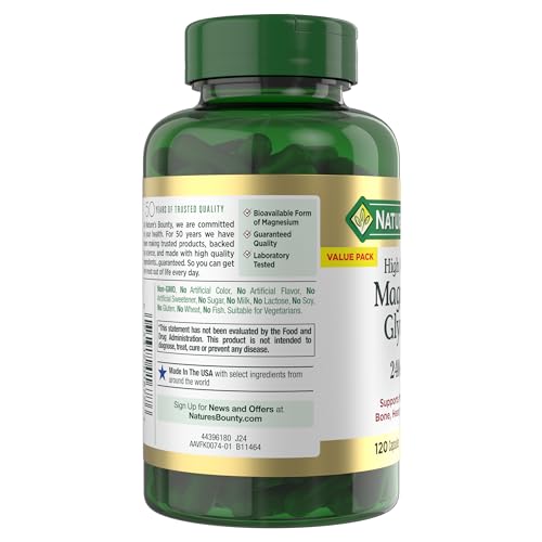 Nature’s Bounty High Absorption Magnesium Glycinate 240 mg for Supporting Muscle Relaxation and Bone, Heart & Nerve Health – Non-GMO, Gluten-Free, Vegetarian, 120 Count/60 Servings - Medaid International