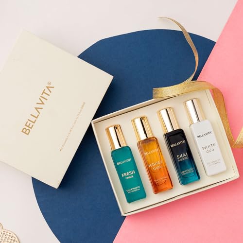 BellaVita Luxury Unisex Cologne Gift Set (4x20ml) | Fragrances Includes Honey OUD, SKAI, FRESH & White OUD | Travel Size Mini Perfumes & Spicy Vanilla Perfume Oil | Unisex Perfume for Women & Men - Medaid International