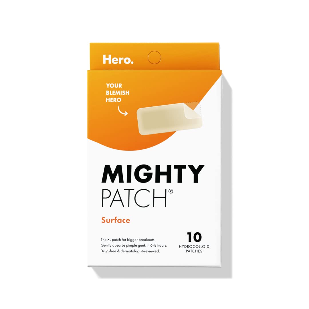 Mighty Patch Surface Large Pimple Patches for Face from Hero Cosmetics, Acne Spot for Body, Cheek, Forehead, and Chin, Pimple Stickers, Hydrocolloid Covers, Vegan-friendly, 10 Count - Medaid International