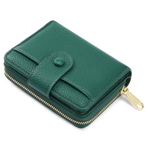 Anywn - Women's Small Soft Leather Purse with Large Zip Coin Compartment, Deep Green, 5 Card Slots, Compact Design