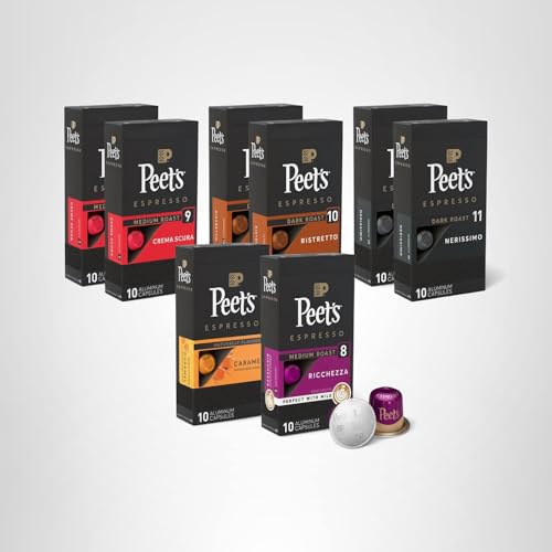 Peet's Coffee, Dark Roast Espresso Capsules Variety Pack, Compatible with Nespresso Original Machine - Intensity 8-11, 80 Count (8 Boxes of 10 Espresso Capsules)