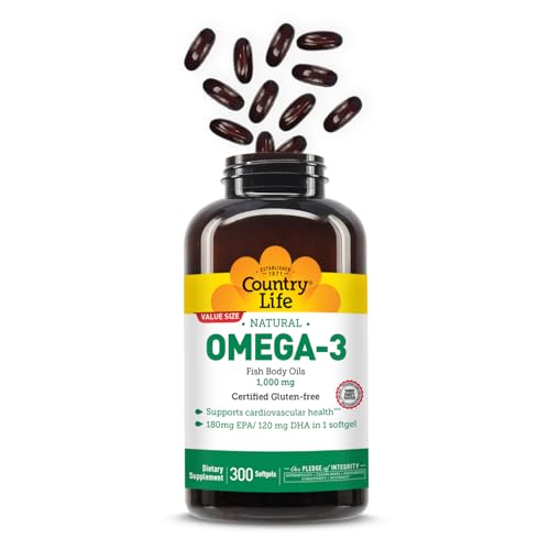 Country Life Omega-3 Fish Oil Supplement, 1000mg, 180mg EPA & 120mg DHA, Fish Oil Concentrate, Burpless, 300 Softgels, Certified Gluten Free - Medaid International