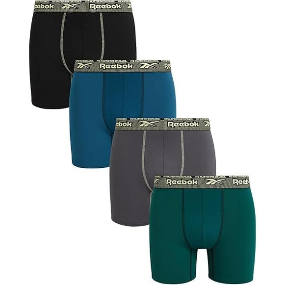 Reebok Mens Boxer Briefs - 4 Pack Moisture Wicking Stretch Performance Mens Underwear Boxers with Contour Pouch (Sizes: S-XL), Size Large, Rain Forest/Black/Legion Blue/Blackened Pearl - Medaid International