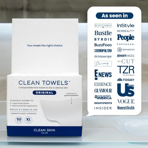 Clean Skin Club Clean Towels XL®, 100% USDA Biobased Face Towel, Disposable Face Towelette, Eczema Association Accepted, Makeup Remover Dry Wipes, Ultra Soft, 1 Pack, 50 Ct - Medaid International