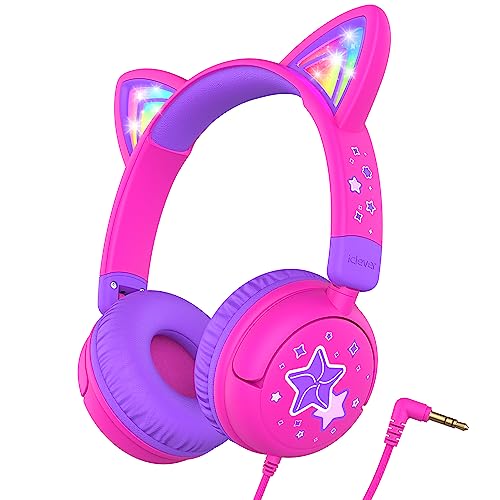 iClever - Cat Ear Kids Headphones with LED Lights, 85dBA Volume Limit, Foldable Design