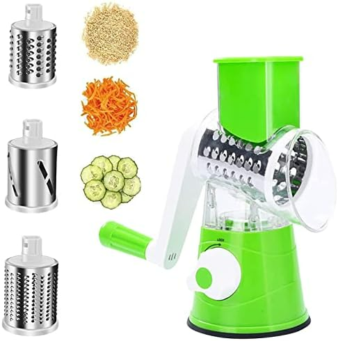 Tabletop Drum 3-in-1 Vegetable Cutter & Rotary Cheese Grater ‚Äì Multifunctional Slicer with 3 Stainless Steel Blades for Vegetables, Fruits & Cheese - Medaid International