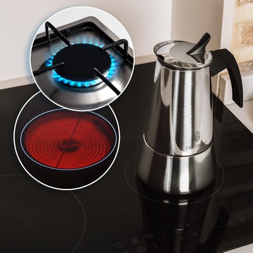 Cecotec - Elegant Steel Italian Coffee Maker for 2 Cups, 100 ml Capacity, Safety Valve