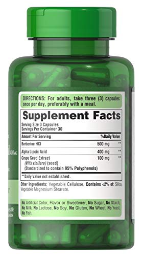 Puritan's Pride Berberine, Alpha Lipoic Acid & Grape Seed, Promotes Antioxidant Support, 90 Vegetable Capsules - Medaid International