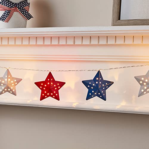 Lights4fun - 12 Red, White & Blue Metal Star String Lights with Timer