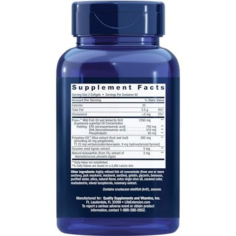 Life Extension Super Omega-3 Plus EPA/DHA Fish Oil, Sesame Lignans, Olive Extract, Krill & Astaxanthin - Heart, Brain & Joint Health Support - Gluten-Free, Non-GMO - 120 Softgels - Medaid International