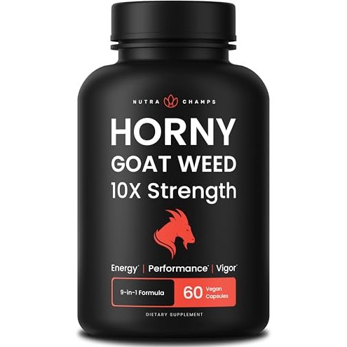 NutraChamps Horny Goat Weed, 1000mg Epimedium Energy Supplement, 10X Strength Icariin, Ginseng, Tribulus & Maca Pills for Women & Men, Enhanced Absorption with Black Pepper, 60 Vegan Capsules - Medaid International