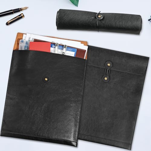 Qixin - Black A4 PU Leather File Folder, String Tie Closure, Document Organizer