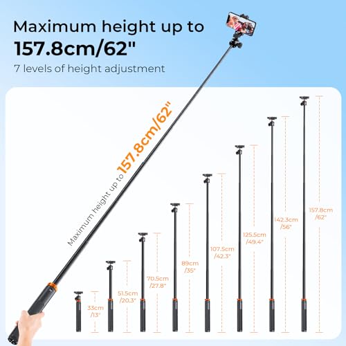 K&F Concept 62'' Phone Selfie Stick Tripod, 2-in-1 Lightweight Cellphone Holder and Camera Stand with Remote, Extendable Adapter for GoPro, Compatible with iPhone/Android Phone/GoPro/Camera - Medaid International