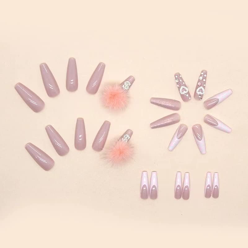 Nail Apparel Y2K Long Coffin Cute Kawaii Press on Nails 3D Cartoon Hot Pink Rabbite Black Pink Daisy Duck Glitter Rhinestone Heart Pearl Bow Flame Long Ballet Trapezoid Fake Nails 24Pcs (3D Pink Heart - Medaid International