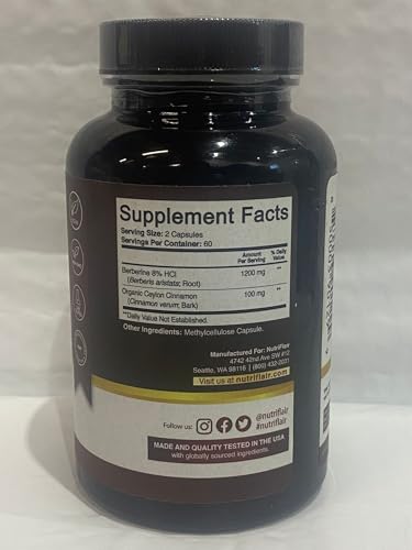 NutriFlair Premium Berberine HCL 1200mg, 120 Capsules - Plus Pure True Ceylon Cinnamon, Berberine HCI Root Supplements Pills - Immune System - yields an Optimal 8% HCl - Medaid International