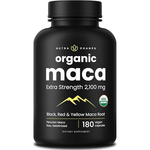 NutraChamps USDA Organic Maca Root Capsules for Women & Men, 2100mg, 180 Capsules, Black, Red & Yellow Peruvian Gelatinized, Highest Potency Maca Root Powder Supplement - Medaid International
