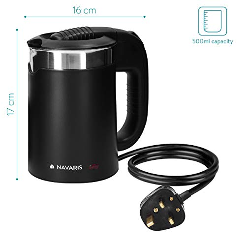 Navaris - Electric Travel Kettle 0.5L with Dual Walls, Boil Dry Protection, 1100W