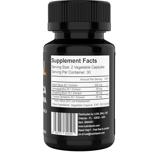 LUAL 30,000mg 30x Strength Organic Black Maca Root with Ashwagandha - Highest Potency Black Maca Root Capsules for Men - 100% Pure Maca Peruana Powder Organic, Gelatinized, Non-GMO - 60 Pills - Medaid International