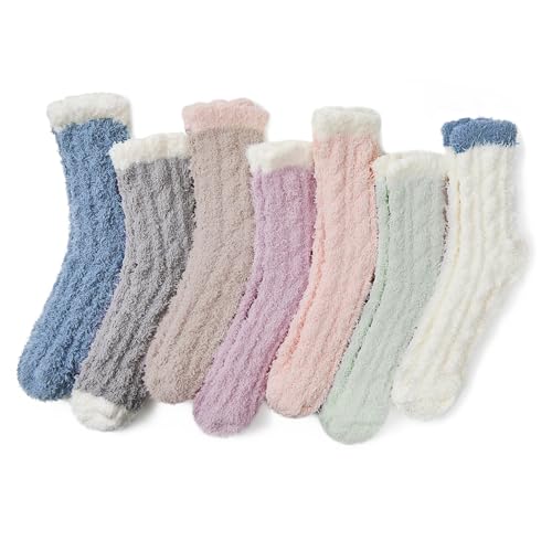 Azue Fuzzy Warm Slipper Socks Women Super Soft Microfiber Cozy Sleeping Socks 6 or 5 Pairs ((01) 7 Pairs Patchwork) - Medaid International