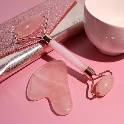 Face Roller & Gua Sha Facial Massage Tools for Skin Care, Puffiness Relief Redness Reducing Skin Care Routine, Self Care for Men Women - Pink - Medaid International