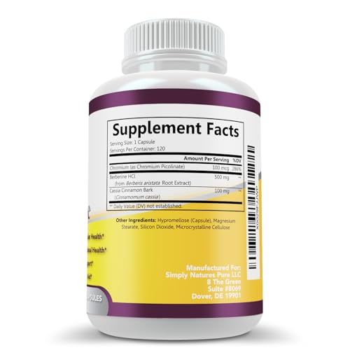Simply Natures Pure Premium Berberine HCl 500mg - 120 Capsules - Cardiovascular Gastrointestinal Immune Support - Chromium Cinnamon - Medaid International
