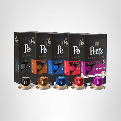 Peet's Coffee, Dark and Medium Roast Espresso Capsules Variety Pack with Decaf, Compatible with Nespresso Original Machine - Intensity 8-11, 50 Count (5 Boxes of 10 Espresso Capsules)