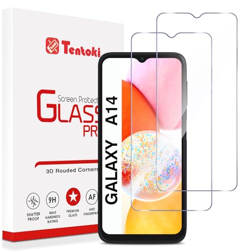 Tentoki - Pack of 2 Tempered Glass Screen Protectors for Samsung Galaxy A14 5G/4G - Bubble-Free, 9H Hardness, Anti-Scratch, Ultra Transparent