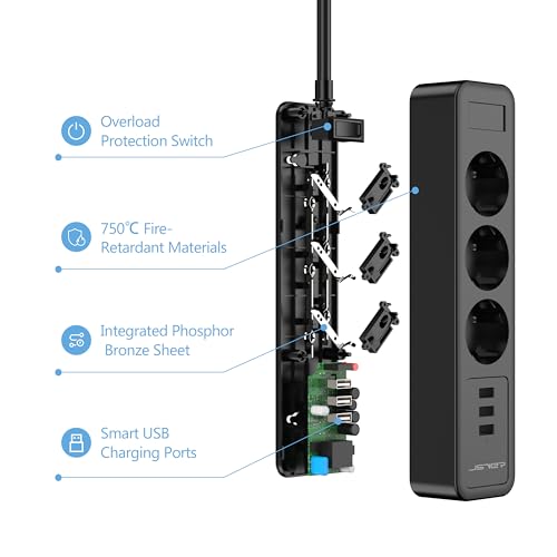 Jsver - 3-Way Power Strip with 3 USB Ports, 3680W, Wall Mounted, 3m Cable