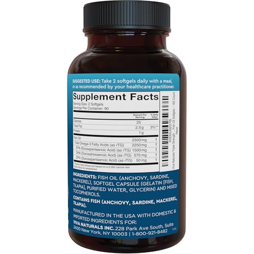 Triple Strength Omega 3 Fish Oil Supplement for Women and Men – 2500 mg High-Potency, Easy-to-Absorb Re-esterified Triglyceride Form, Pescatarian-Friendly DPA EPA DHA Omega 3 Supplement, 180 Softgels - Medaid International