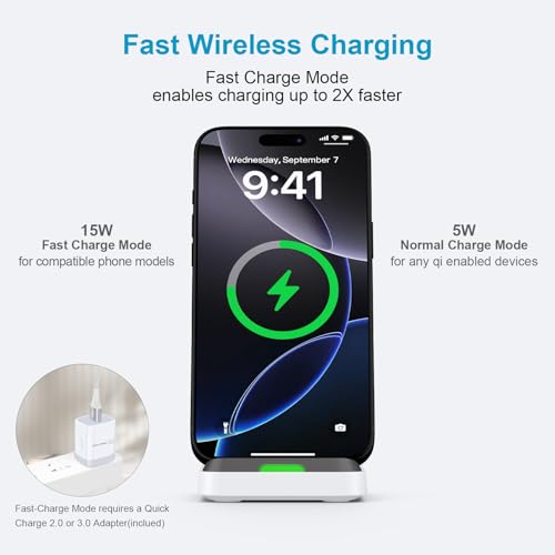 Hootek - Fast Wireless Charging Station for Google Pixel & Android Phones, QC3.0 Adapter, Desk Stand, Sleek Design