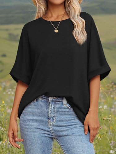 ATHMILE Womens Oversized Black T Shirts Loose Fit Crewneck Short Sleeve Summer Casual Blouse 2025 Y2K ShirtsTops - Medaid International