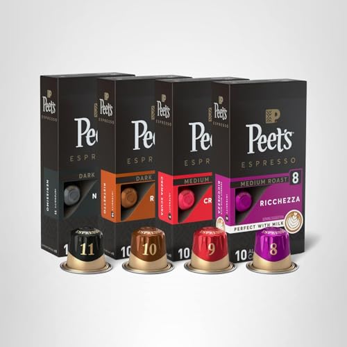 Peet's Coffee, Dark and Medium Roast Espresso Capsules Variety Pack, Compatible with Nespresso Original Machine - Intensity 8-11, 40 Count (4 Boxes of 10 Espresso Capsules)