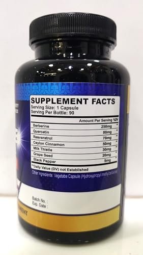 Organic Cadane 7in1 Pure Berberine Supplement with Quercetin, Ceylon Cinnamon, Resveratrol, Milk Thistle, Grape Seed, and Black Pepper - 90 Capsules for 3-Month Supply - Immunity Health Support - Medaid International