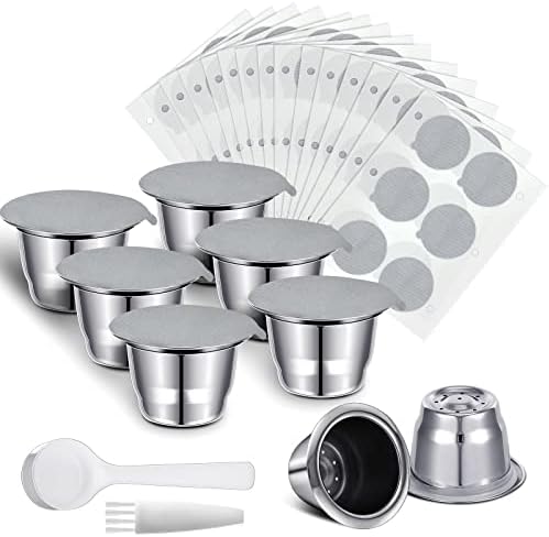 Didaey Reusable Espresso Capsules Stainless Steel Refillable Coffee Pods Reusable Espresso Pods with Aluminum Foil Seals Stickers Lids Compatible with Nespresso Machines (6 Cups, 204 Lids)|B0BGPT7T9H