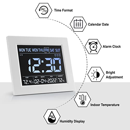 Aiuca - Upgraded 8" HD Digital Calendar Alarm Clock with Temperature & Humidity Display